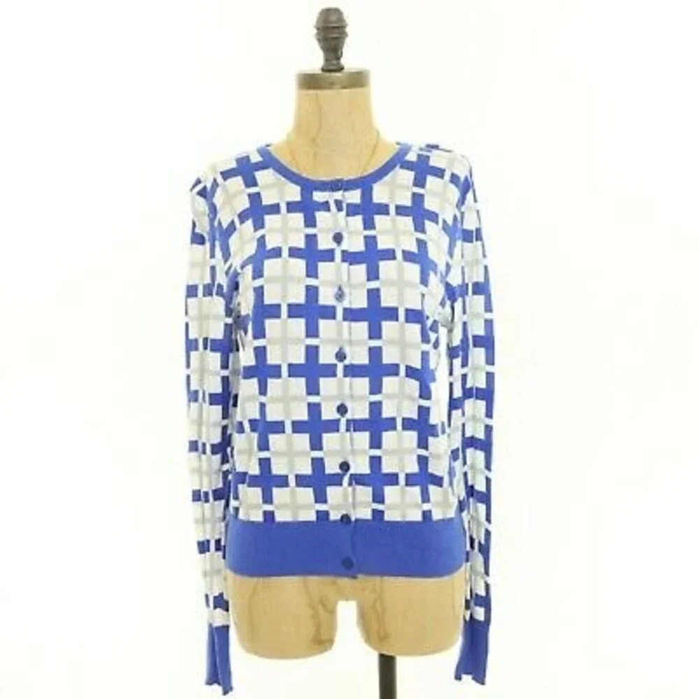 Cabi Cardigan Frame Plaid Sweater Top Size S Button Up Blue Gray White EUC B10